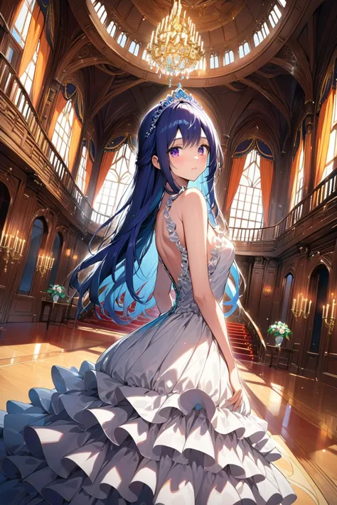 1girl, solo, long hair, (dynamic angle), Ruffled Dresses, (The great hall of the mansion), tiara, Luxurious interior, looking at...