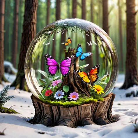 abstract dream, (butterfly, little birds, flower terrarium garden in a transparent glass orb, summer within), on a stump, (winte...