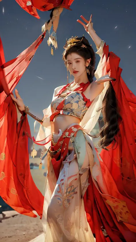 a woman in a red and white dress holding a bird