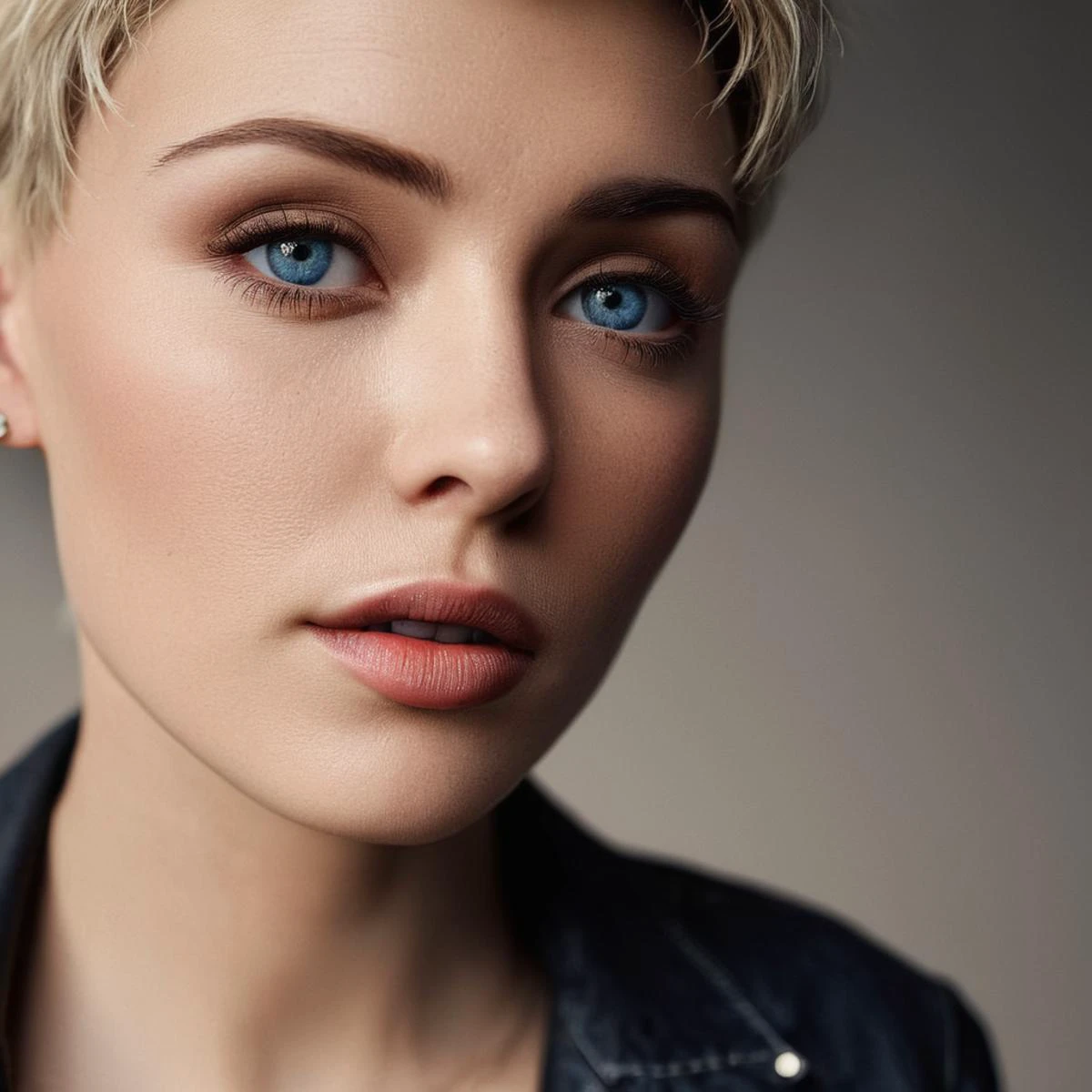 A close up of a woman with a short blond haircut and blue eyes - SeaArt AI