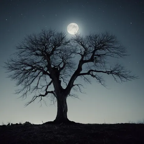 película cinematográfica todavía de arrugas:1 Una foto perfecta de un árbol sin hojas y con la luna llena de fondo,estilo de perfección, poca profundidad de campo, Viñeta, muy detallado, alto presupuesto, bokeh, cinemascope, malhumorado, épico, espléndido, grano de la película, granoso