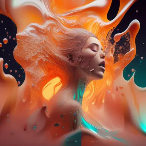 a liquid woman made of liquid splashes, merging, melting, splashing, droplets, mixing, fading away, exploding,  swirling, 
intri...