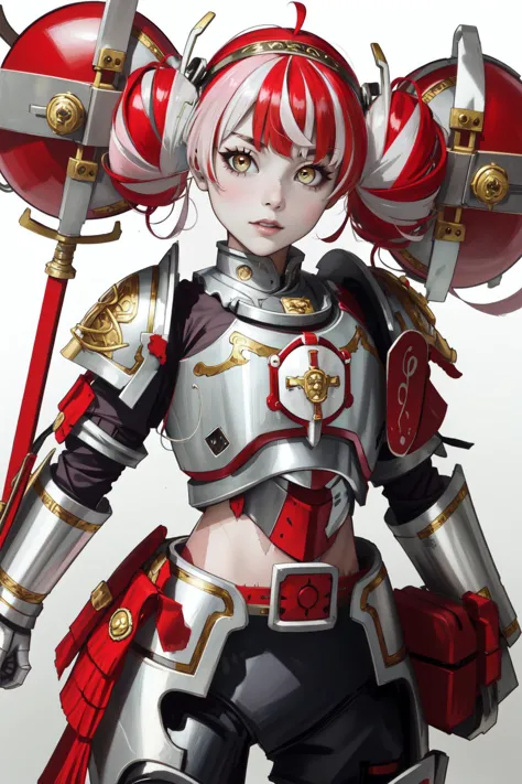 (chef-d&#39;œuvre, Meilleure qualité), détails complexes,
1fille, Ollie, cheveux multicolores, yeux multicolores, zombi_peau, Twintails, 
 GKT,  armure, power armure, pectoral, épaulettes, jambières, gantelets,