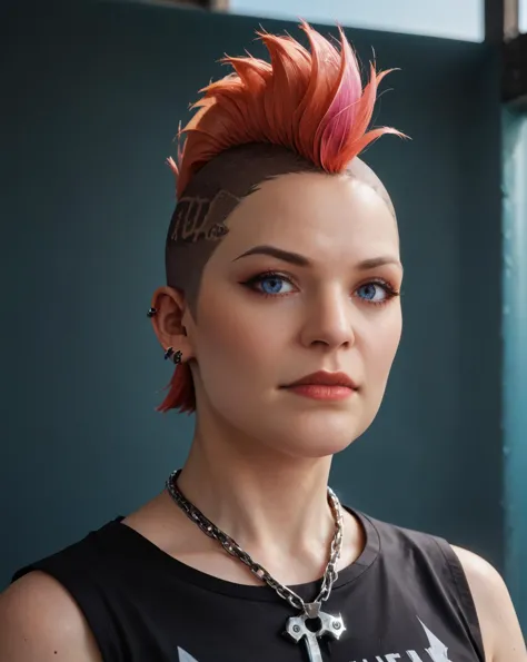 a close up of a woman with a mohawk and a necklace