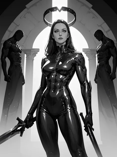 a black and white photo of a woman in a latex suit holding a sword