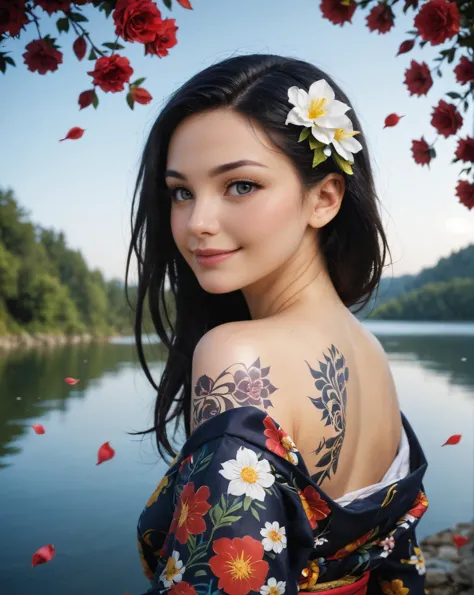 a close up of a woman with a flower in her hair