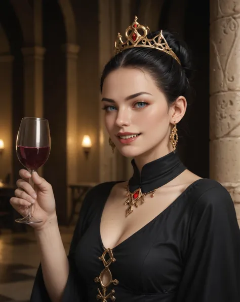 a woman in a black dress holding a glass of wine