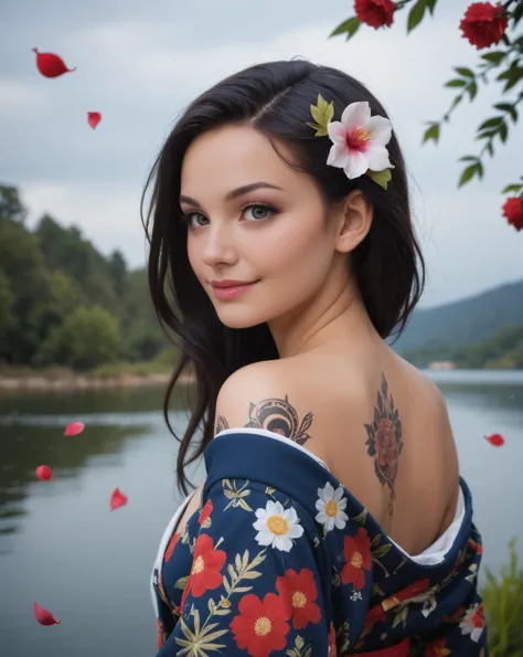 a woman with a flower in her hair standing next to a body of water