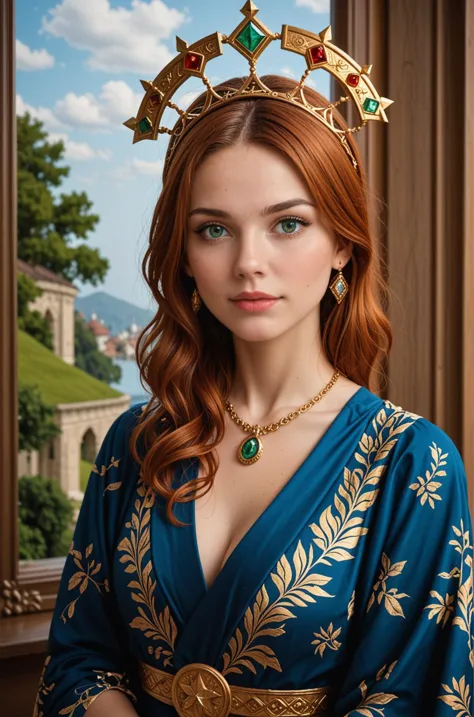 a woman wearing a blue dress and a gold crown