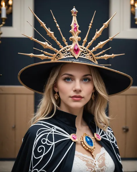 a close up of a woman wearing a hat with a crown on it