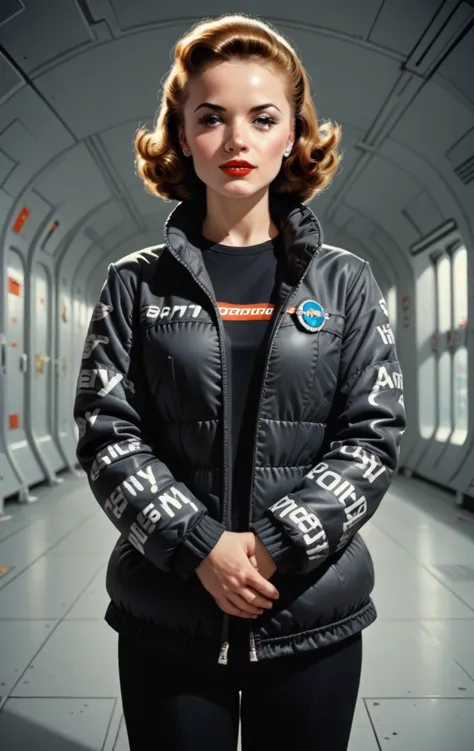 a woman in a space suit standing in a hallway