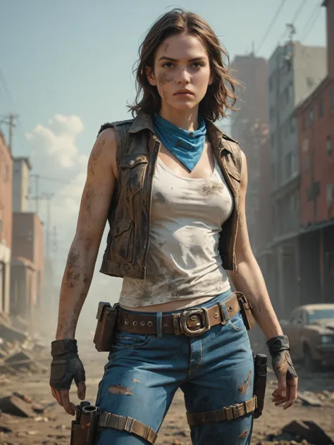 a woman in a vest and jeans holding a gun