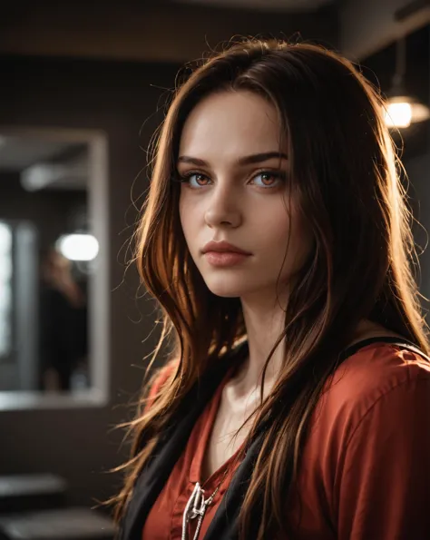 a woman with long hair and a red shirt looking at the camera