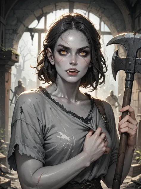 a close up of a woman with a large axe in a ruined building