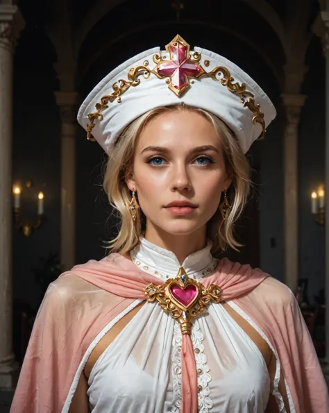 a close up of a woman wearing a white and pink costume