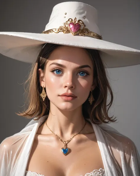 a close up of a woman wearing a white hat and a blue necklace