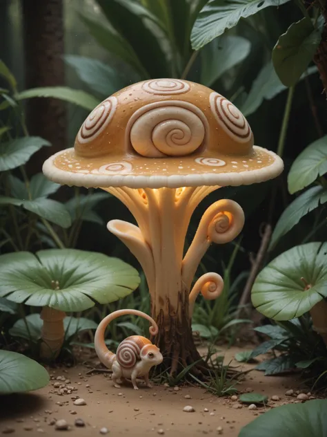 there is a mushroom shaped lamp with a snail on it