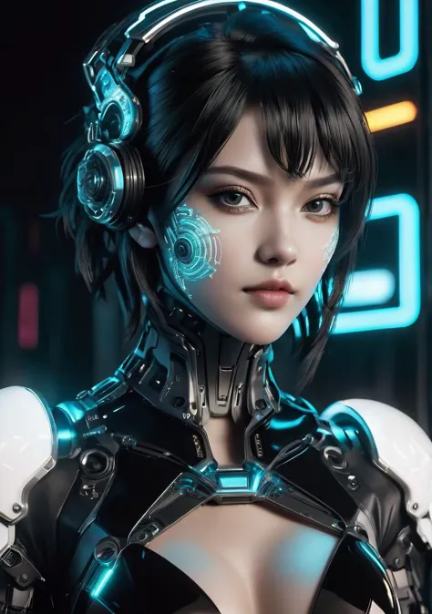 a woman in a futuristic suit with headphones and headphones