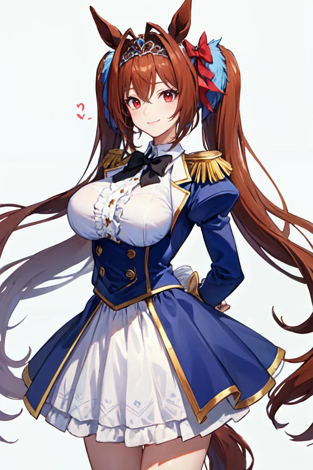 daiwa scarlet, brown hair, white background, tail, black bowtie, frills, long sleeves, animal ears, hair intakes, tiara, puffy sleeves, very long hair, 1girl, black bow, twintails, solo, looking at viewer, large breasts, underbust, horse tail, bow, horse girl, red eyes, epaulettes, horse ears, framed breasts, simple background, skirt, juliet sleeves , arms behind back ,smile