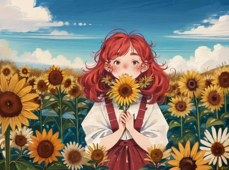 best quality,masterpiece,ultra high res,childpaiting,1girl,solo,crayon drawing,
sunflower,sky,outdoors,surreal,freckles,