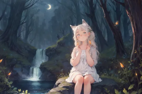 anime artwork , masterpiece, best quality, crayon drawing,
night, fullmoon, waterfall,
cute young girl, long hair, white wolf ea...