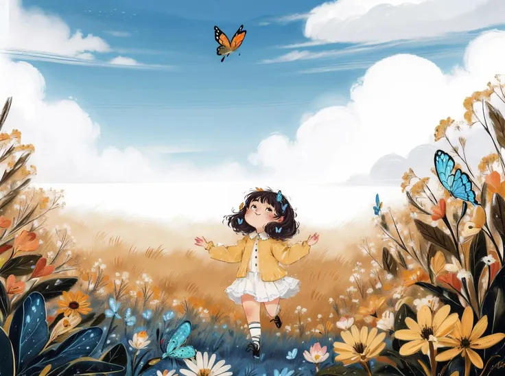 best quality,masterpiece,ultra high res,childpaiting,1girl,solo,crayon drawing,
white flower,((a girl to play with a butterfly)),play,cloud,smile,cloudy sky,outdoors,black hair,sky,surreal,freckles,black eyes,running,take the insect net,