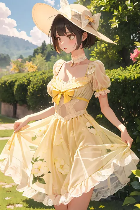 (masterpiece, best quality), 1girl,   Lemon High and Tight Haircut, Size A breasts,  <lora:Outfit_CottageCore:1> Prompt with c0tt4g3, (cincher), sun hat, floral print, lace, bow, short puffy sleeves,  see-through