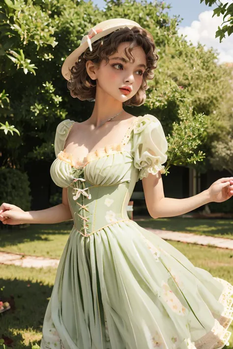 (masterpiece, best quality), 1girl,   Grass green Side-Swept Curls with Pearl Hairpin, Size D breasts,  <lora:Outfit_CottageCore...