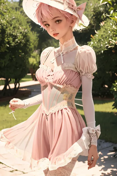 (masterpiece, best quality), 1girl,   Light pink Pixie Cut with Tapered Sides, Size G breasts,  <lora:Outfit_CottageCore:1> Prom...