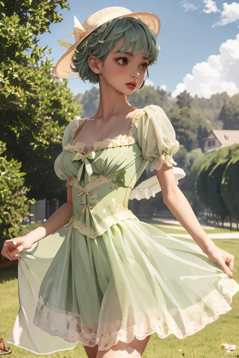 (masterpiece, best quality), 1girl,   Grass green Short Crop with Skin Fade, Size D breasts,  <lora:Outfit_CottageCore:1> Prompt...