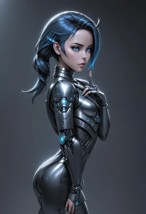 Cybercore Aesthetic,a woman with a futuristic face and body holding a finger to her ear, Metallic skin, Android woman, Ai-Mitsu,...