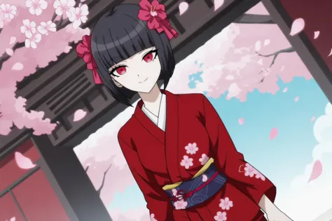 source_anime, score_9, score_8_up, score_7_up, anime screencap,8k, absurd res, 
celestia ludenberg, bob cut, blunt bangs, short hair, bangs, black hair, red eyes,
kimono, temple, cherry blossoms, smile, looking at viewer, cowboy shot, dutch angle, 
 <lora:celestia_pony_v1:0.8>