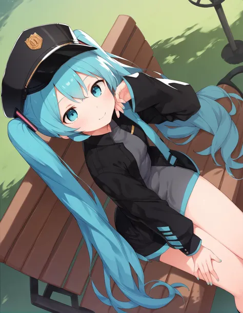 anime girl with blue hair sitting on a bench in a park