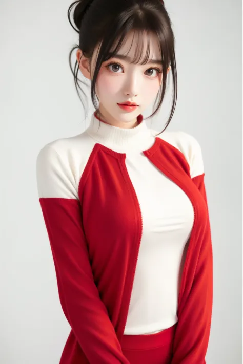 1girl,white background,(big chest:1.3),(standing:1.3),(red sweater:1.3),