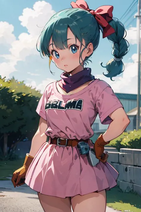 masterpiece, best quality, 1girl,  <lora:bulma_9:0.8>, dragon ball, blmpony, aqua hair, hair ribbon, braided ponytail, pink shir...