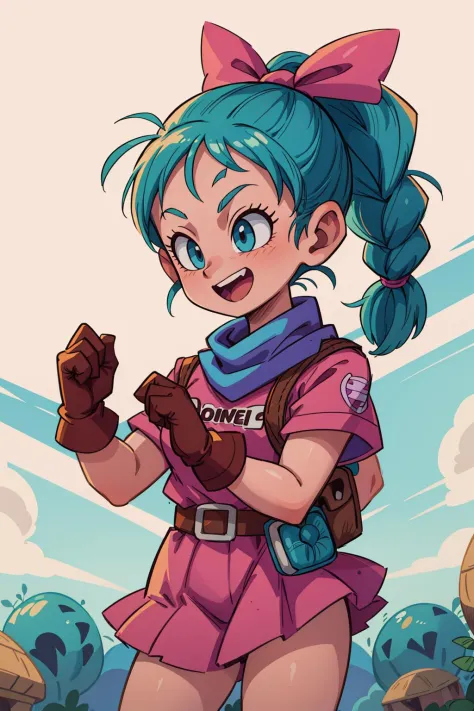 ((best quality, masterpiece)), ((style-swirlmagic):0.4),
1girl, power pose,  dragon ball, blmpony, aqua hair, hair ribbon, braided ponytail, pink shirt, belt, scarf, pink skirt, clothes writing, brown gloves, smile, open mouth,
