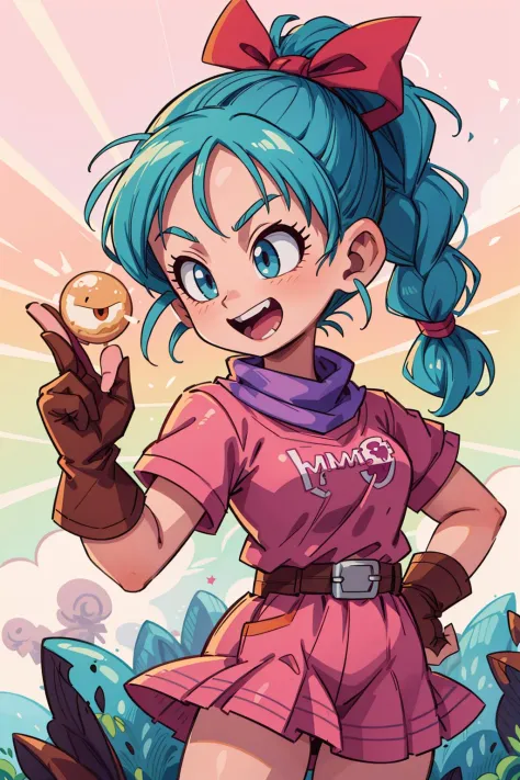 ((best quality, masterpiece)), ((style-swirlmagic):0.4),
1girl, power pose,  dragon ball, blmpony, aqua hair, hair ribbon, braided ponytail, pink shirt, belt, scarf, pink skirt, clothes writing, brown gloves, smile, open mouth,
