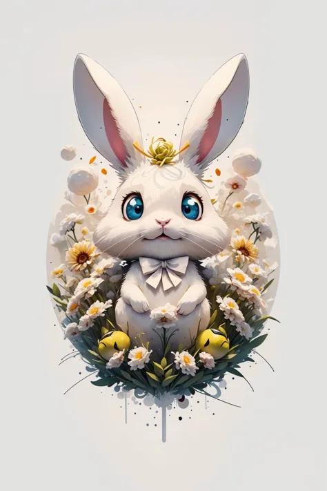 a close up of a white rabbit with blue eyes surrounded by flowers