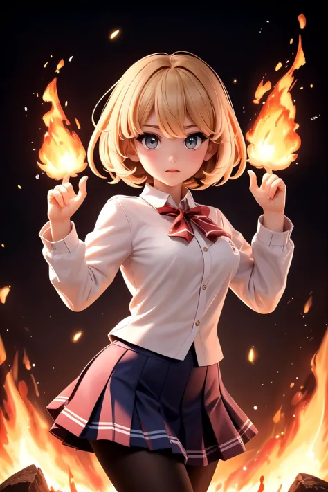 best quality, dramatic,  bob hair, school uniform, hands up, fire flames from self hand, flames on hand, 1girl, dynamic, elements, fire , flames