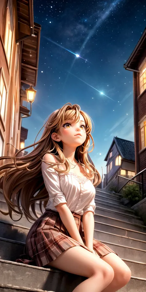 a girl sitting on the steps of a building looking up at the sky