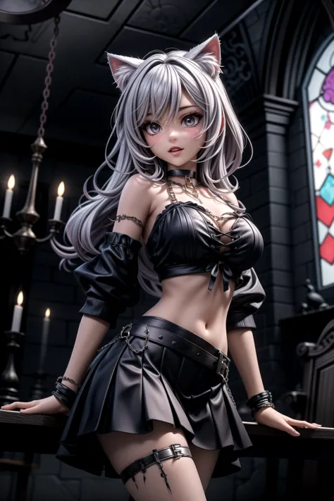 masterpiece, best quality, 1girl, <lora:LowRA:0.6> dark theme, egirl, choker, cat ears, skirt, crop top, goth, chains, gothic gal, <lora:add_detail:1>, indoor, old gothic room, detailed background