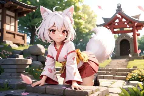 fox girl, short hair, white hair, wolf ears, red eyes, detached long sleeves, white kimono, pleated miniskirt, fox tail, diffused sunlight, depth of field, light particles, strong wind,
blue sky, shrine, stone stairs, falling flower petals, face focus