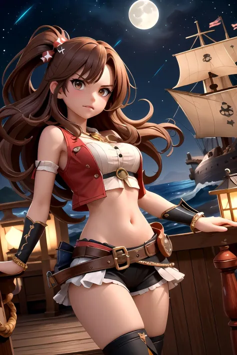 best quality, masterpiece, ultra-detailed, professional lighting, detailed background, 1girl, look at viewer, brown hair, brown eyes, hair ornaments, pirate clothes, angry, long hair, wind, glare, stars, moon, ship deck, sea, night, dark