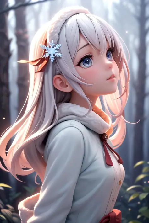 1girl, gradient hair, detailed clothes, winter forest, snowflake, soft cinematic light, elegant, highly detailed, faded, hires, ...