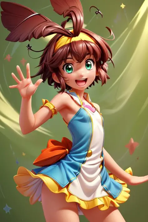 (masterpiece, best quality, highres, absurdres, ultra-detailed:1.3), 1girl, solo, <lora:UmaMagipokaV1:0.6>(uma, short hair, brown hair, cowlick, antennae hair, green eyes, headband), (facing camera, waving, happy:1.4) <lora:add_detail_v1:0.9>