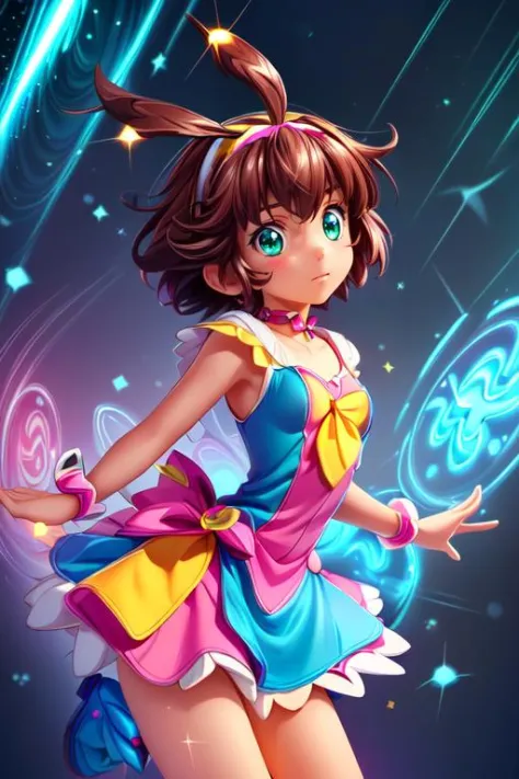 (masterpiece, best quality, highres, absurdres, ultra-detailed:1.3), 1girl, solo, magical girl transformation, <lora:UmaMagipokaV1:0.6>(uma, short hair, brown hair, cowlick, antennae hair, green eyes, headband), (simple background, neon swirls, sparkles, light rays:1.4) <lora:add_detail_v1:0.9>