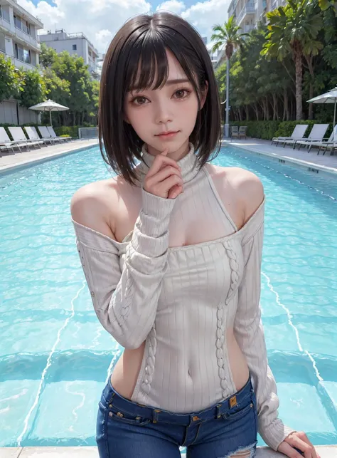 best quality, photorealistic, 8k, high res, 1girl, woman, (skindentation), (portrait:0.6), gorgeous, ((poolsidebackground:1.65)), ((jeans, highneck-sweater:1.75)),  straight-looking at viewer:1.8, (1girl eyes looking at viewer, short-length straighthair,  black hair, partedbangs:1.65), photorealistic, (bokeh), (smile:1.1), (closed mouth:1.66), gorgeous, pureerosface_v1, <lora:AVID-remu:0.65>