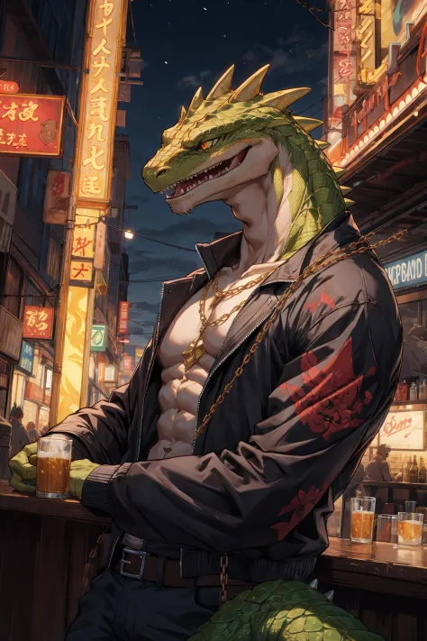 (From above:0.8),best hands,best quality, (official art:1.15),ultra detailed 8k art),(upper body, focus green lizard man,lizard yellow eyes,anthro:1.2),(gangster,From front,scales),big tattoo on chest BREAK
(muscular:1.2) ,(intricately carved gold spikes),...