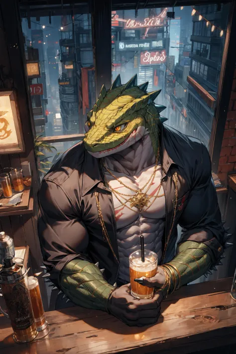 (From above),best hands,best quality, (official art,close-up face:1.15),(ultra detailed 8k art,fantasy),skyscraper,(upper body, focus green lizard man,lizard yellow eyes,anthro:1.2),(gangster,From front,scales),big tattoo on chest BREAK
(muscular:1.2) ,(in...