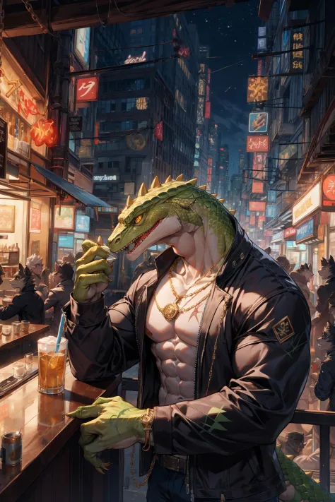 (From above),best hands,best quality, (official art:1.15),ultra detailed 8k art),fantasy,skyscraper,(upper body, focus green lizard man,lizard yellow eyes,anthro:1.2),(gangster,From front,scales),big tattoo on chest BREAK
(muscular:1.2) ,(intricately carve...